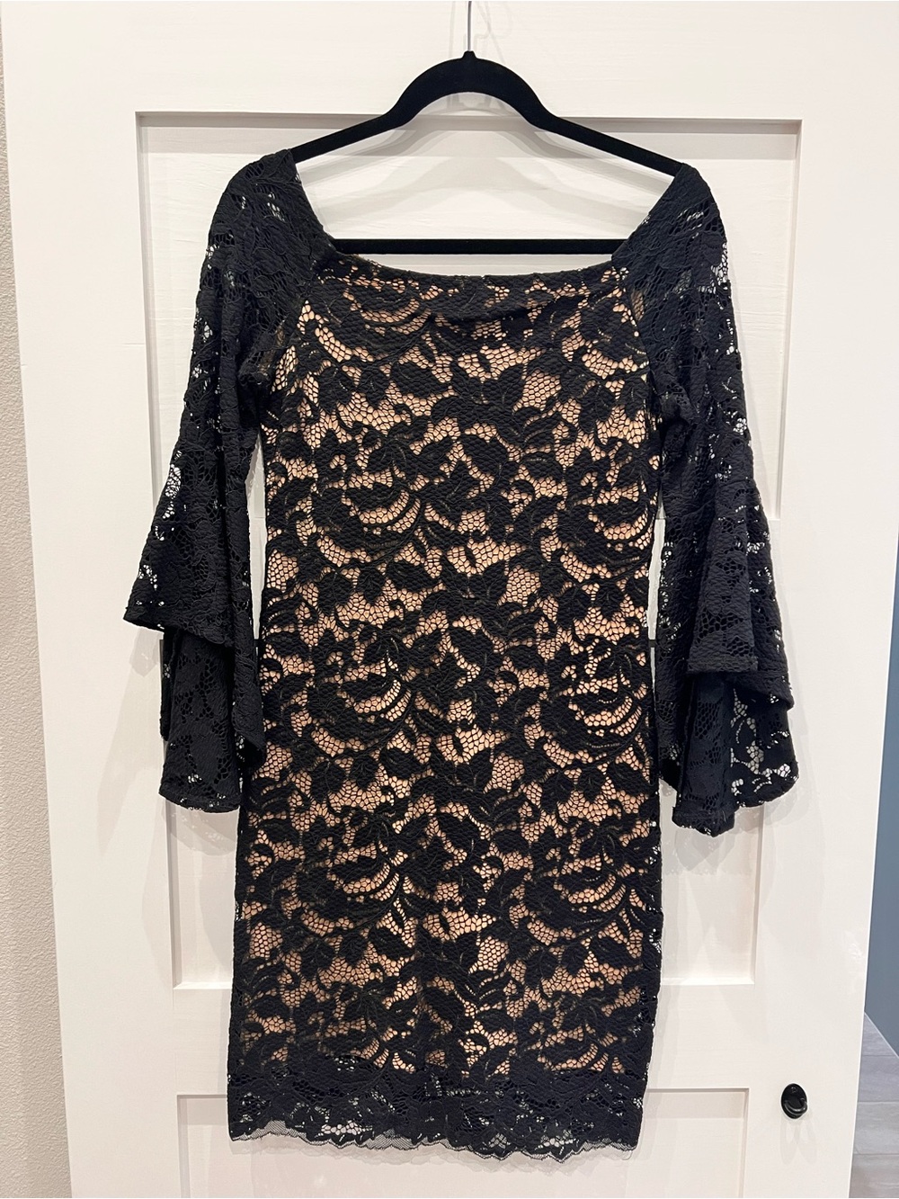 Karen Kane Black Lace Midi Dress with Nude Lining and Flared Sleeves